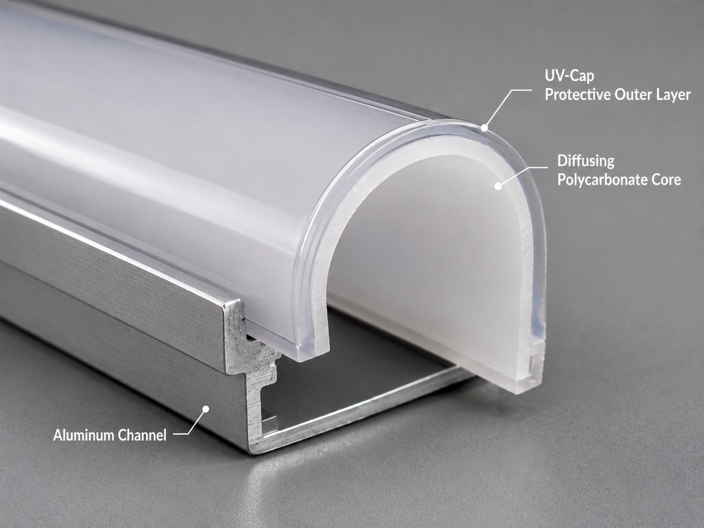 Close-up of a co-extruded UV-capped polycarbonate LED diffuser profile showing the protective outer layer